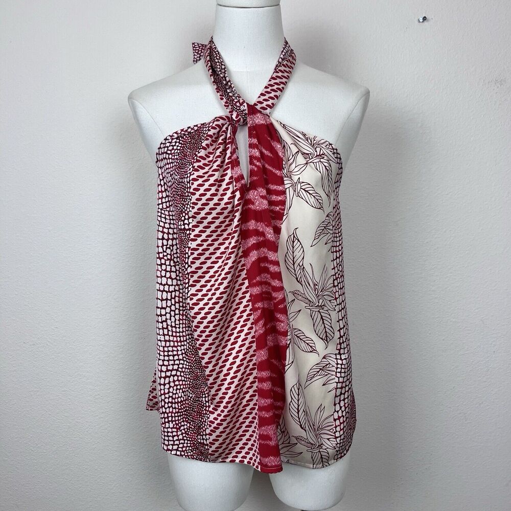 Banana Republic Factory Top Womens Petite Large Halter Floral Satin Beach Red